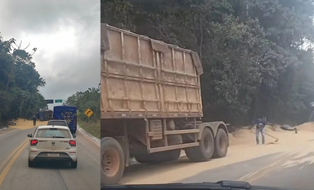 Carreta com soja tomba na BR-356 no Trevo de Ouro Preto